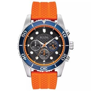 Bulova Men’s Chronograph Sport Watch Orange Silicone Strap Blue Bezel NWT 98A204